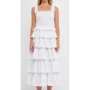 English Factory Women's Smocked Bust Multi Ruffled Maxi Gown Dress